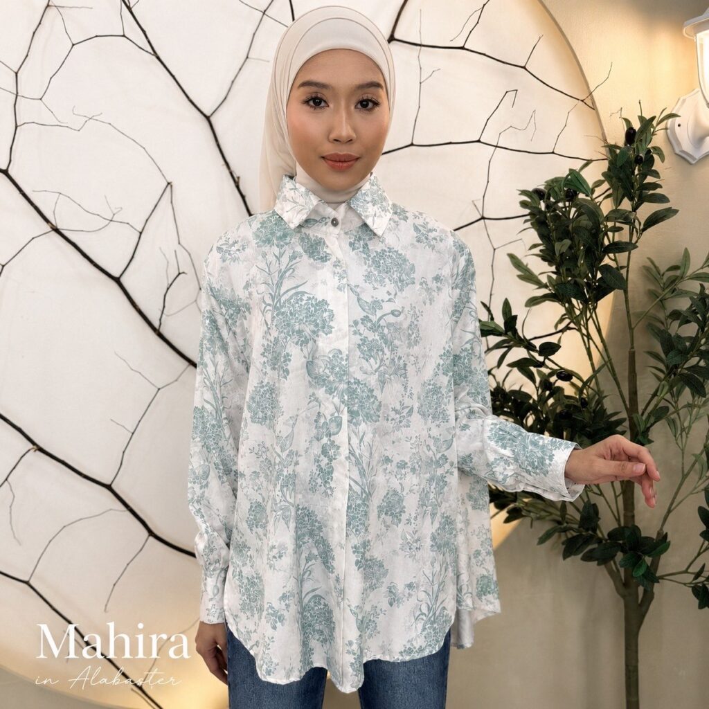 Ammara blouse in Alabaster – premium soft silk embossed oversized floral blouse for women